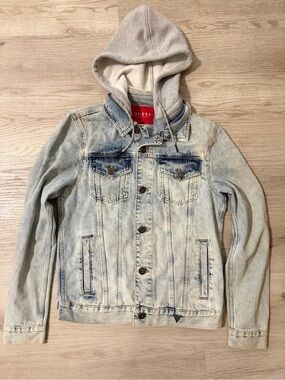Guess Light Blue Washed Denim Jacket with Gray Removable Hood Unisex